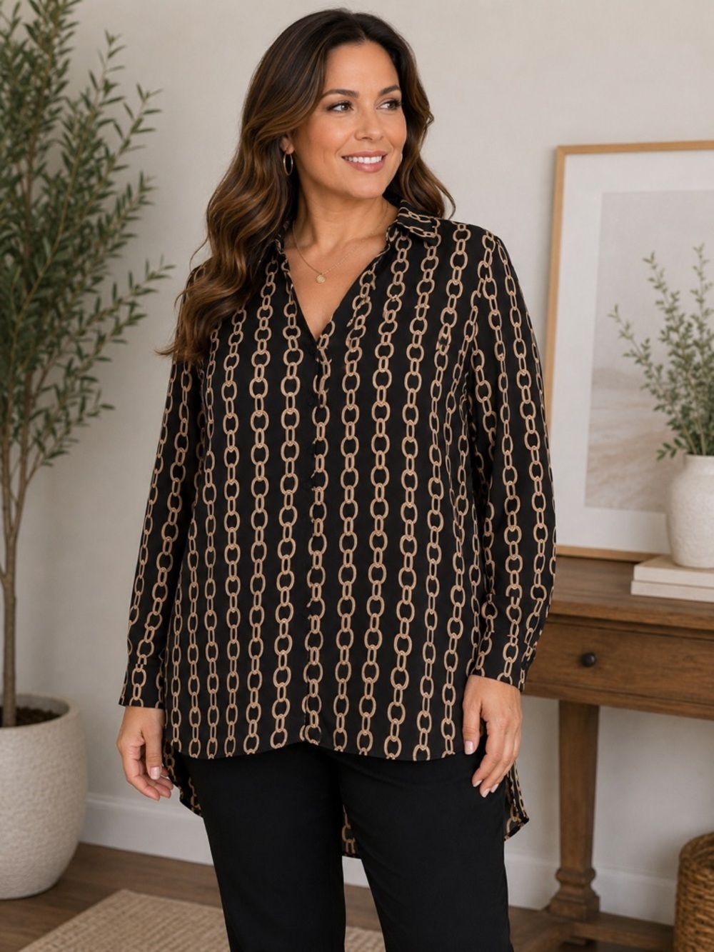 Worthington Chain Print High Low Blouse Large Black Gold Button Front